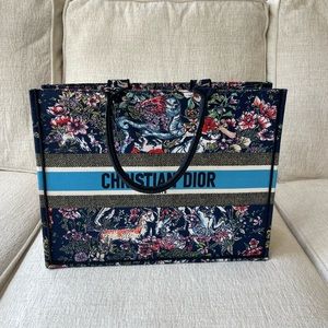 Large blue canvas embroidered tote